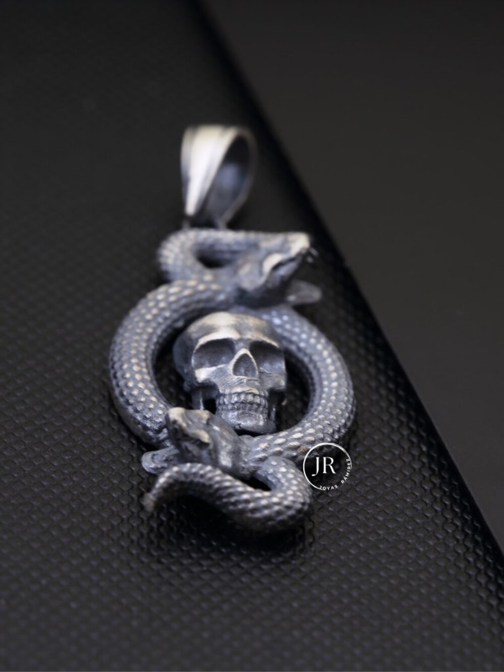 .925 Sterling Silver Skull and Snake Pendant Gothic Oxidized Fine Jewelry - Picture 6 of 9